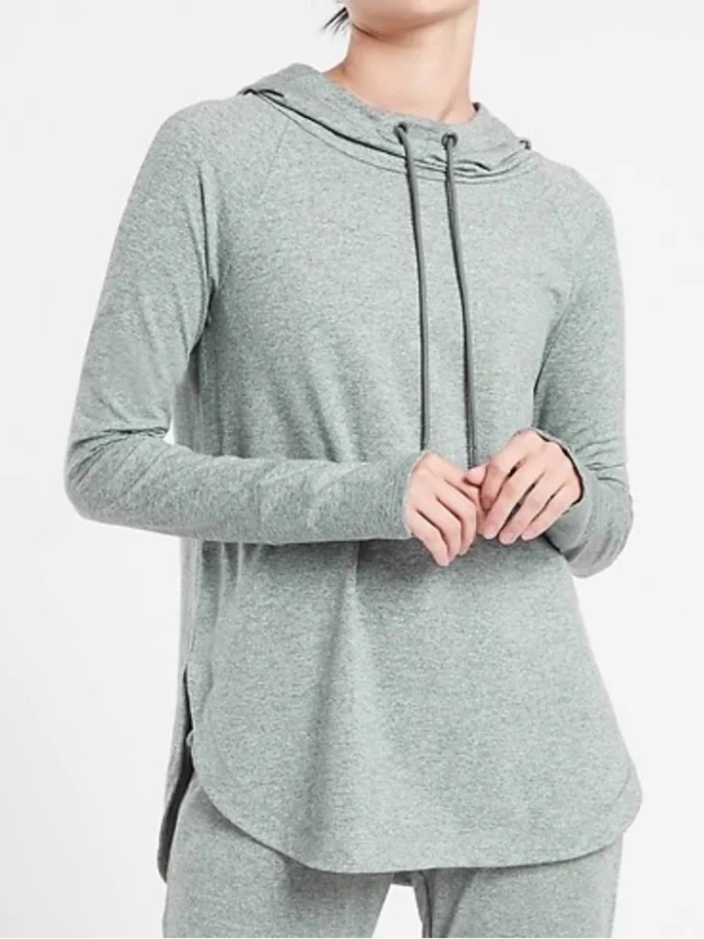 Athleta Uptempo Hoodie Sweatshirt with Round Hem in a Grey Sage Green